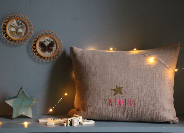 Coussin en Lange rectangulaire - Prénom Lettres Flex Multico « Lemon » + Etoile